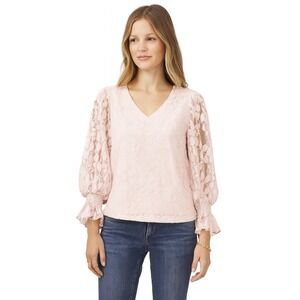 Sam & Jess Women's V-Neck Lace Long Sleeve Top Cafe Pink Size M Sheer Coquette